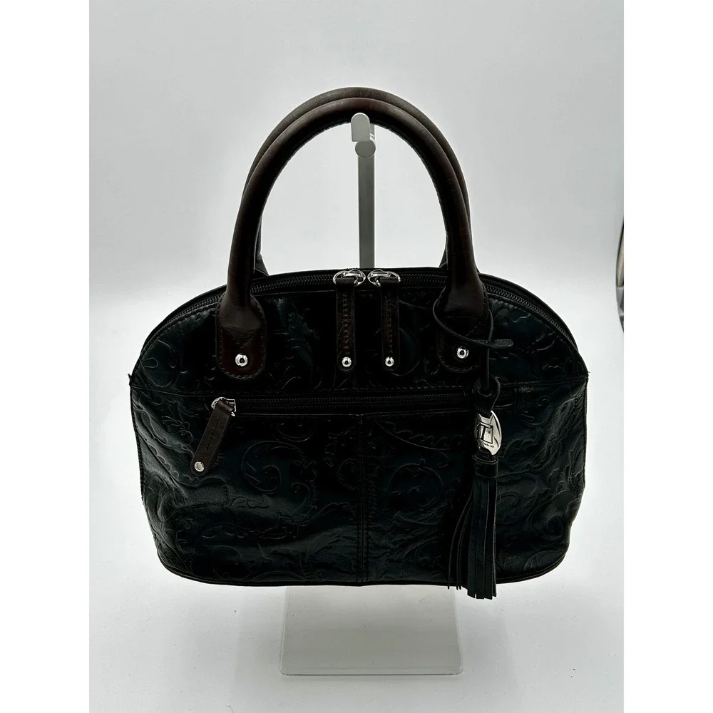 Tignanello Leather Satchel Womens Black Embossed Handbag Tassel‎ Classic